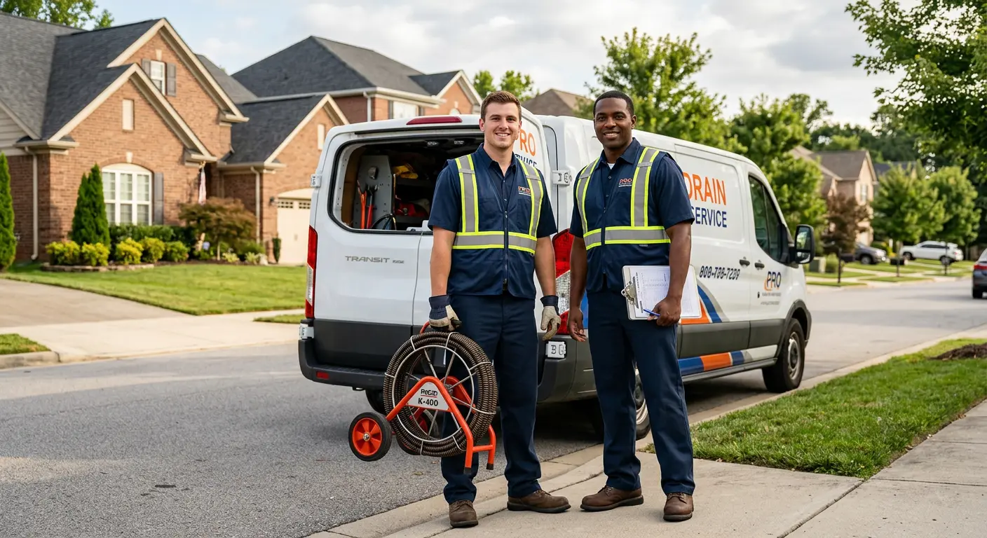 Sewer and drain service team with equipment ready for work in Olney