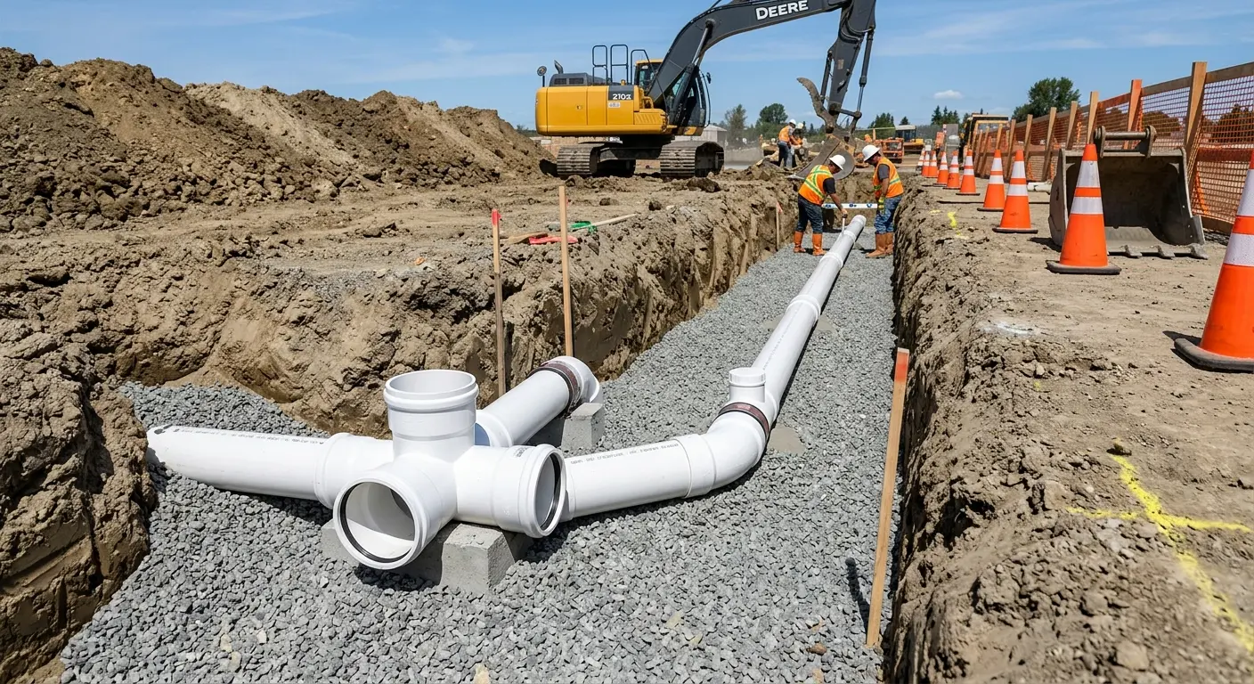 New PVC sewer pipe installation in open trench for Sewer Backup in Olney