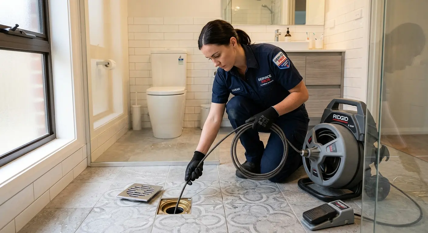 Technician clearing a bathroom floor drain for Drain Cleaning in Olney